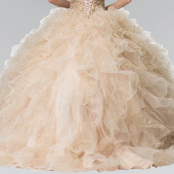 NEW LONG SLEEVELESS MESH BALL GOWN EMBROIDERED WITH RHINESTONES & LACE GL2208